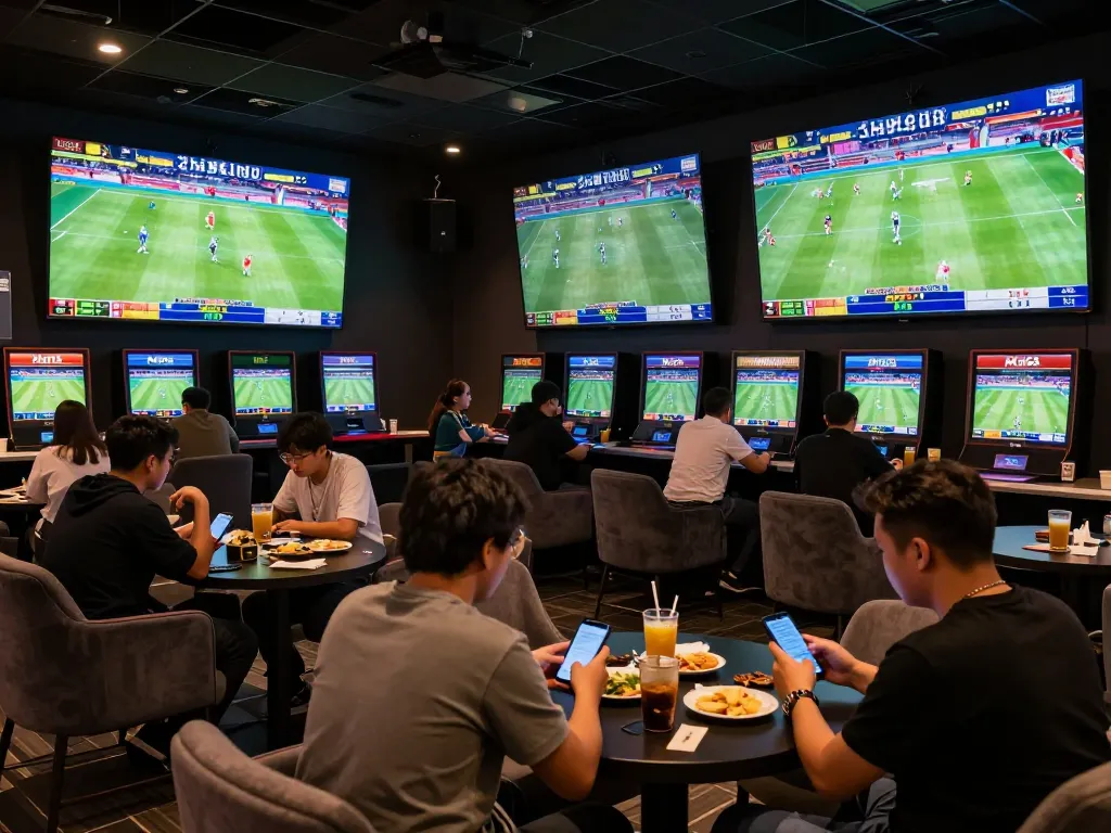 Sports enthusiasts betting live on May88, enjoying a dynamic sports lounge atmosphere