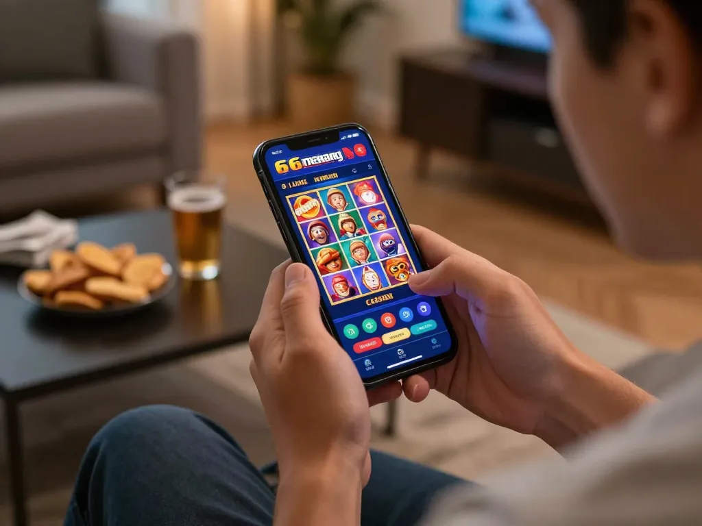 Pemain terlibat dalam permainan online di aplikasi kasino 66menang yang penuh warna, menunjukkan perjudian yang bertanggung jawab.