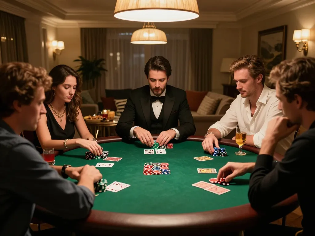 Players strategizing in a home poker game, showcasing the excitement of FC88 with vibrant chips and cards.