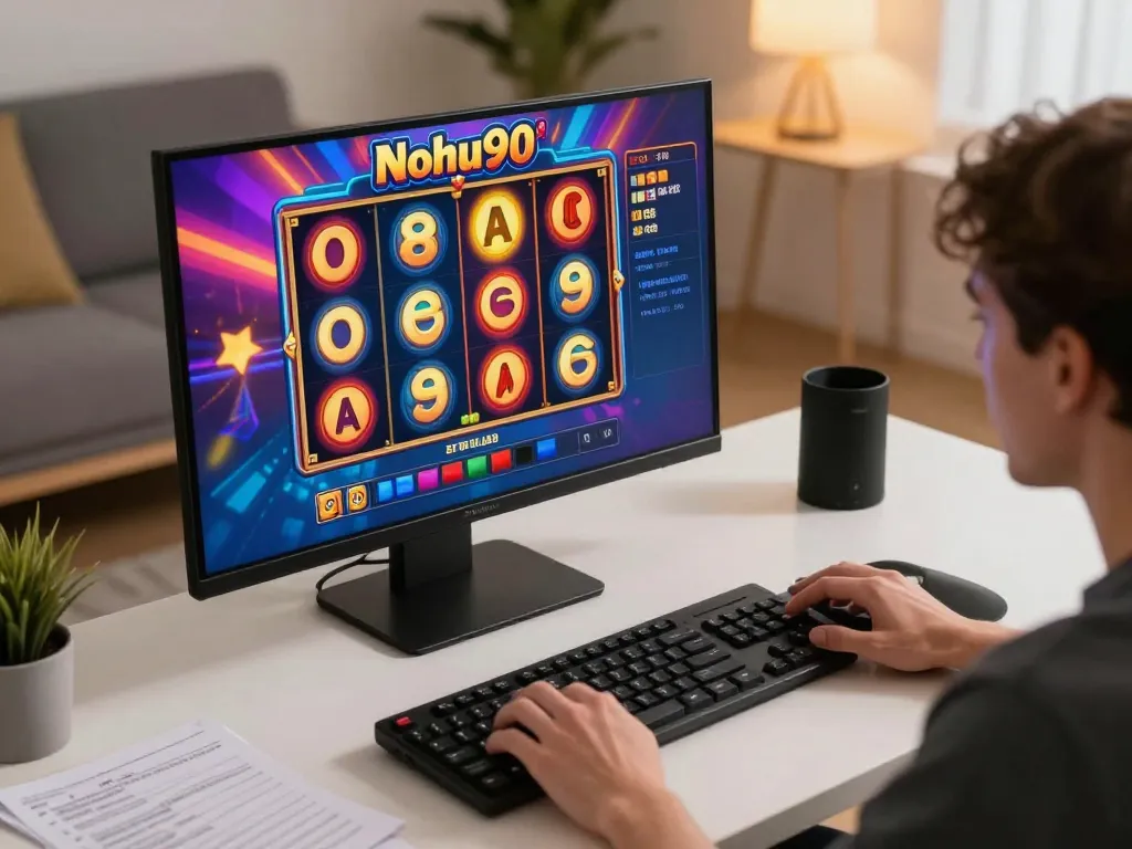 Nohu90 online gaming user excitedly spinning slot reels in a cozy setting
