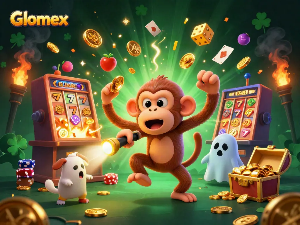 Glomex-enhanced slot machine scene featuring a playful ghost monkey and a curious puppy exploring a haunted casino.