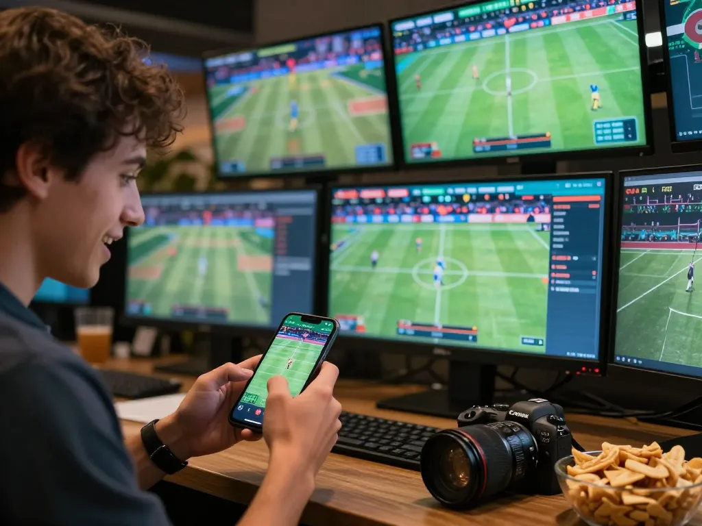Engaged bettor exploring KJC's online sports betting platform with smartphone and screens in excitement.