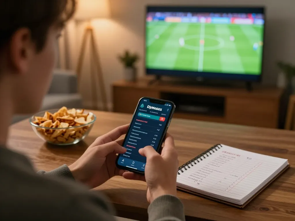 Soi keo bong da hom nay with a person using a smartphone for sports betting during a live football match.