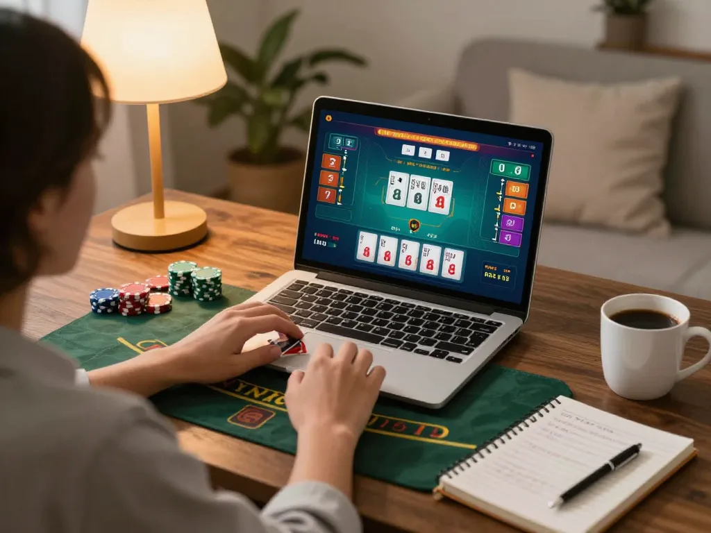 Engaging gameplay at home on https://m88zo.com/ showcasing live dealer blackjack with strategic notes nearby