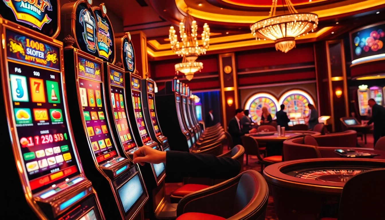 Excited player winning at a slot machine in a luxurious casino environment.