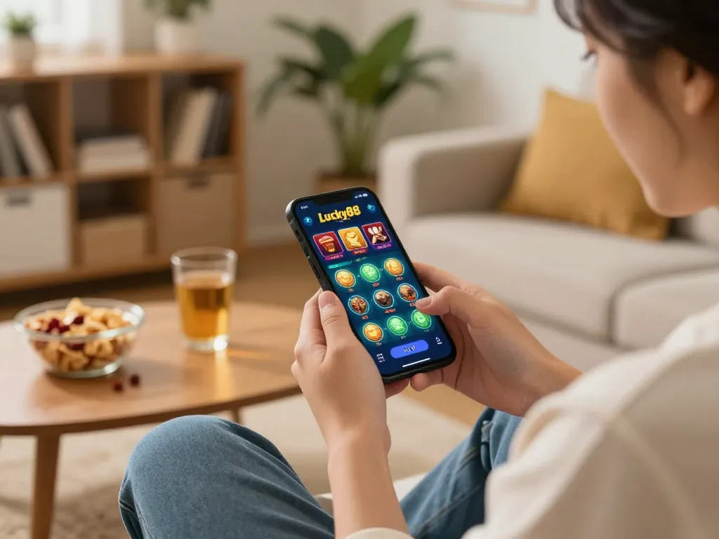 Player enjoying the Lucky88 app on smartphone, cozy home gaming scene.