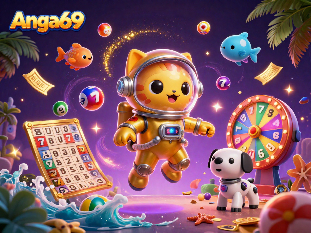 Play exciting games with Angka69 amidst colorful slots and dynamic prizes in a vibrant casino scene.