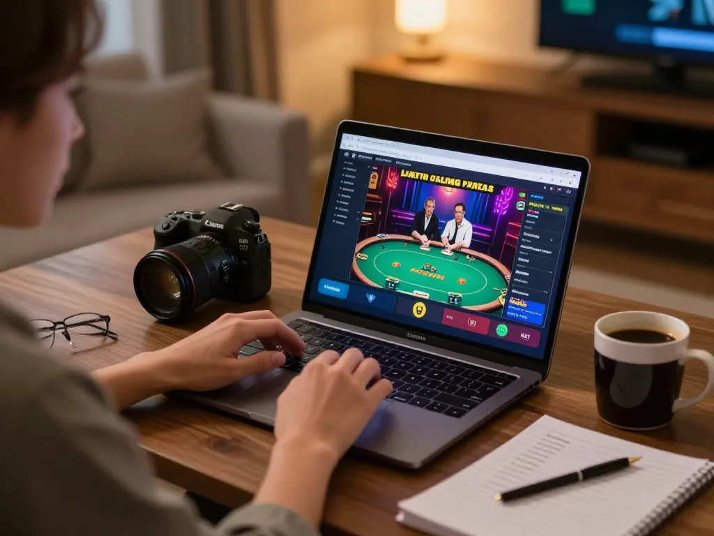 Engaging online gaming at Luckywin with a user playing poker on laptop, inviting atmosphere.