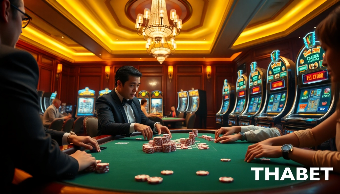 THABET casino table with poker chips and a dealer engaging players. Excitement and luxury radiate.