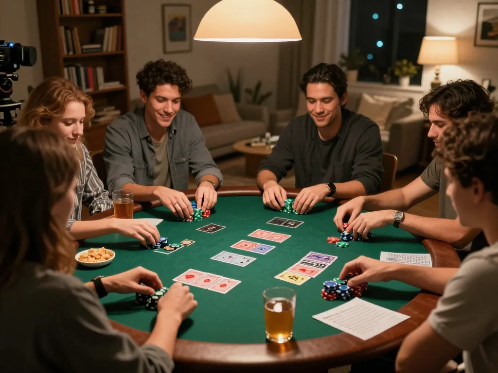 Friends enjoy strategic poker gameplay with SC88 while managing their betting notes and snacks.