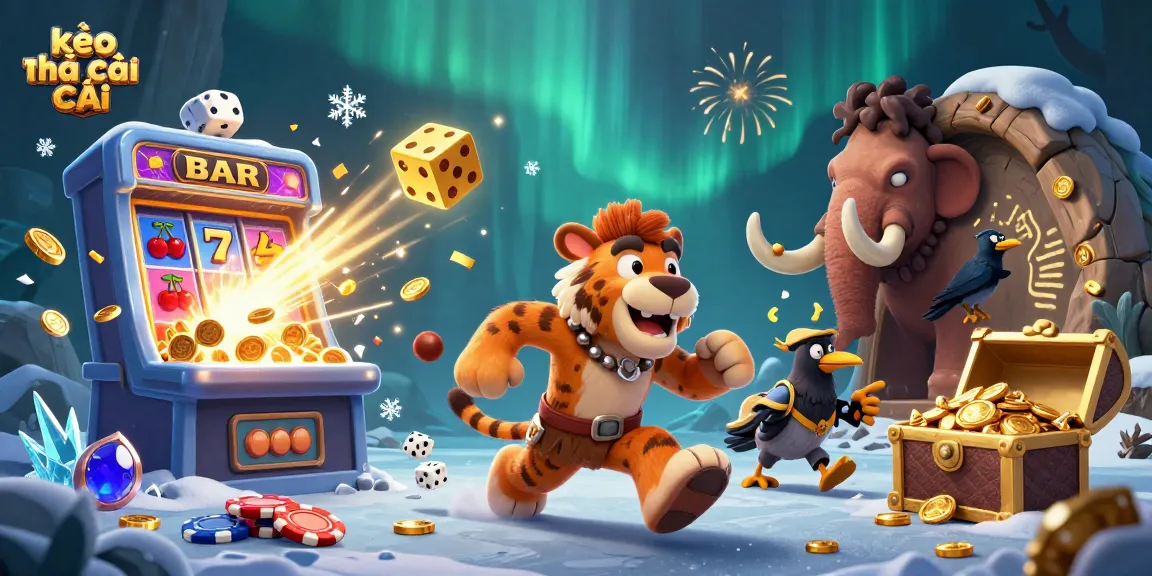 Experience the exciting world of kèo nhà cái with a lively prehistoric casino scene featuring charming characters and vibrant game elements.