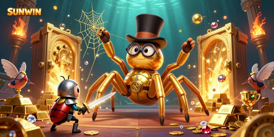 SUNWIN enticing players with a thrilling gaming experience featuring a golden tarantula and knight amidst treasure.