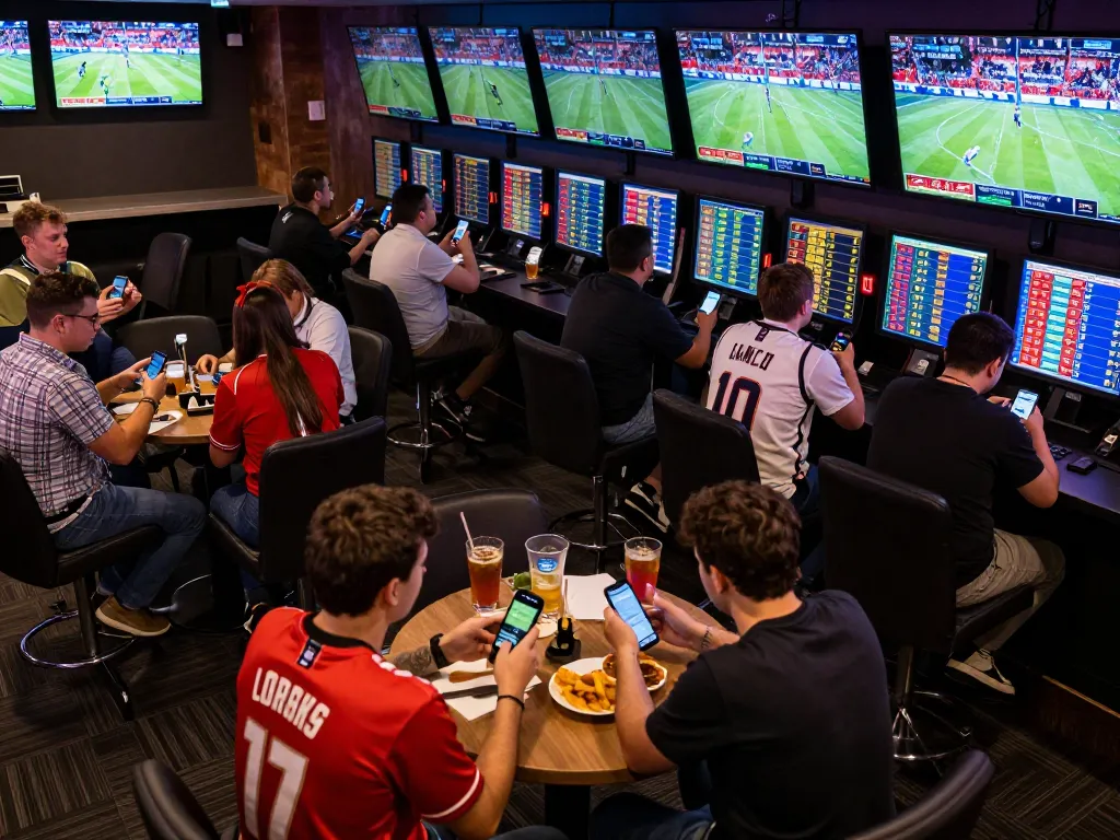 Patrons engaging in sports betting at ALO8, analyzing odds and celebrating wins in an energetic atmosphere.
