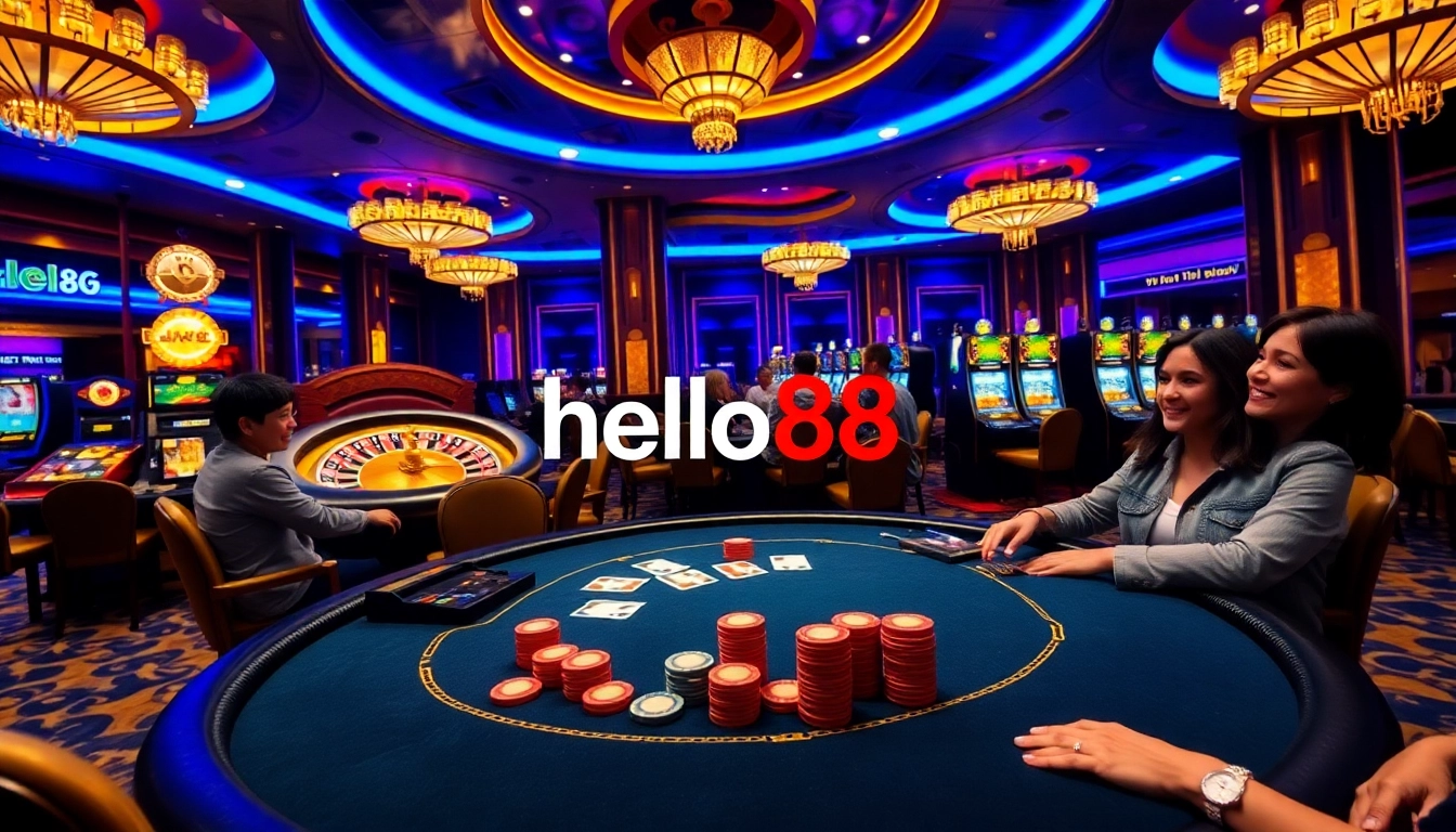 hello88 casino table scene with poker chips and roulette wheel in vibrant luxury
