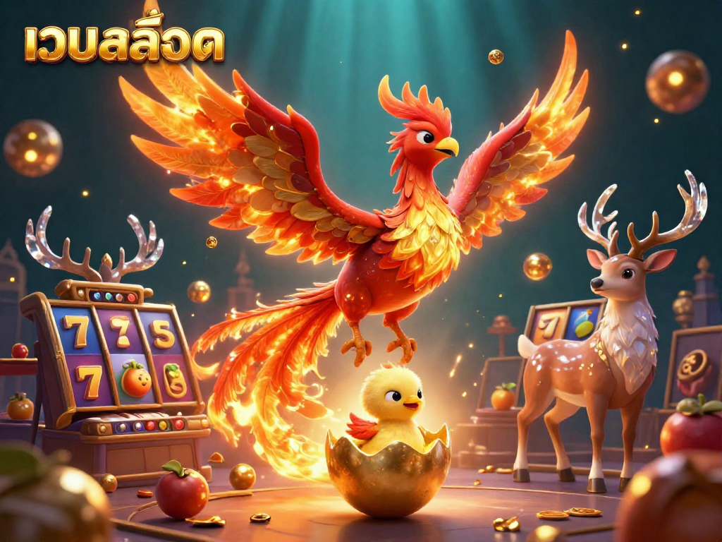 Experience exhilarating เว็บสล็อต action with a vibrant phoenix scene overflowing with slot symbols and dynamic energy.