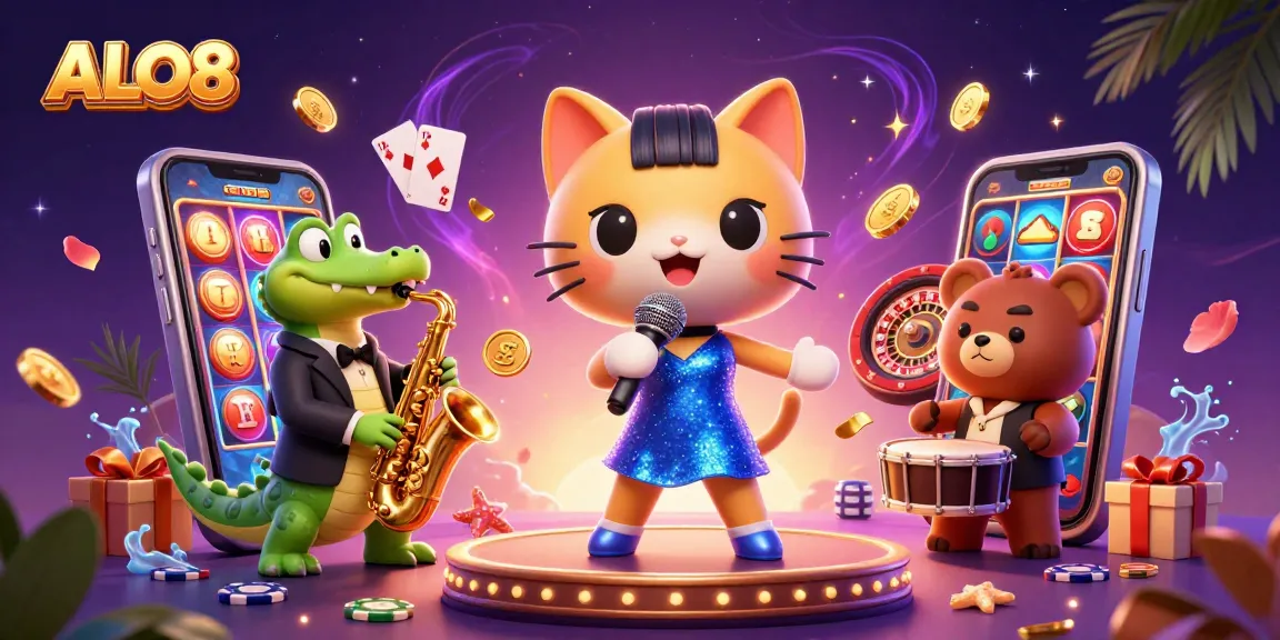 Engage with the exciting ALO8 casino world featuring charming characters, slot games, and dynamic casino elements.