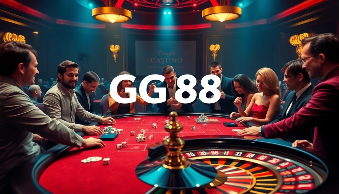 Players enjoying a thrilling game at GG88 casino table with vibrant colors and luxurious decor.