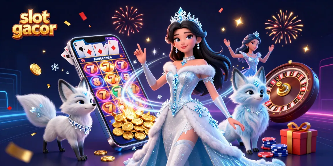 Engage with the slot gacor experience through a vibrant 3D illustration of casino elements and characters.
