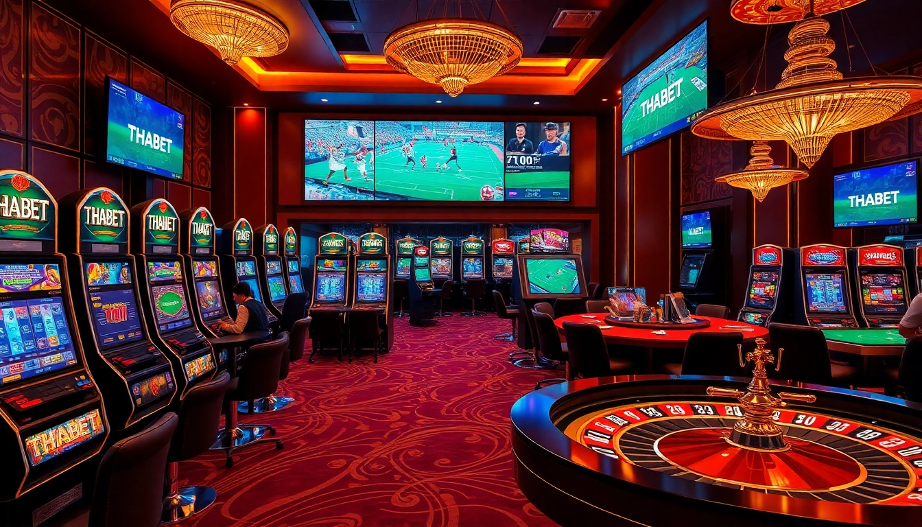Experience the excitement of THABET in a vibrant online casino setting featuring luxurious tables and slot machines.