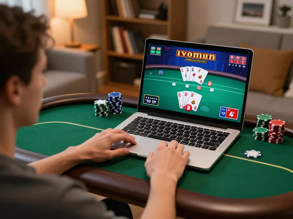 Engaged player at home using 123B for an online poker game under warm lighting.