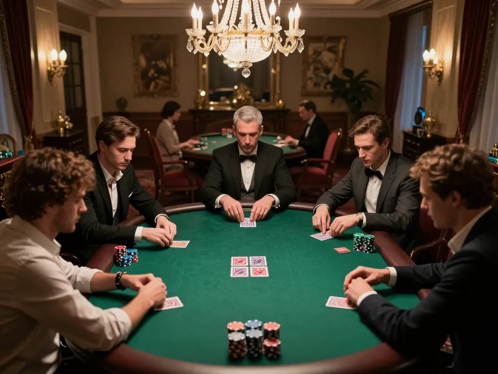 Players strategizing in high-stakes poker game at bem88's luxurious venue.