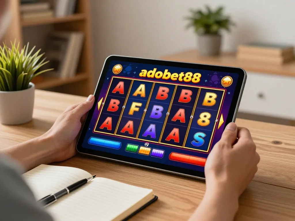 Player spins adobet88 slot on tablet in cozy home setting for responsible gaming experience