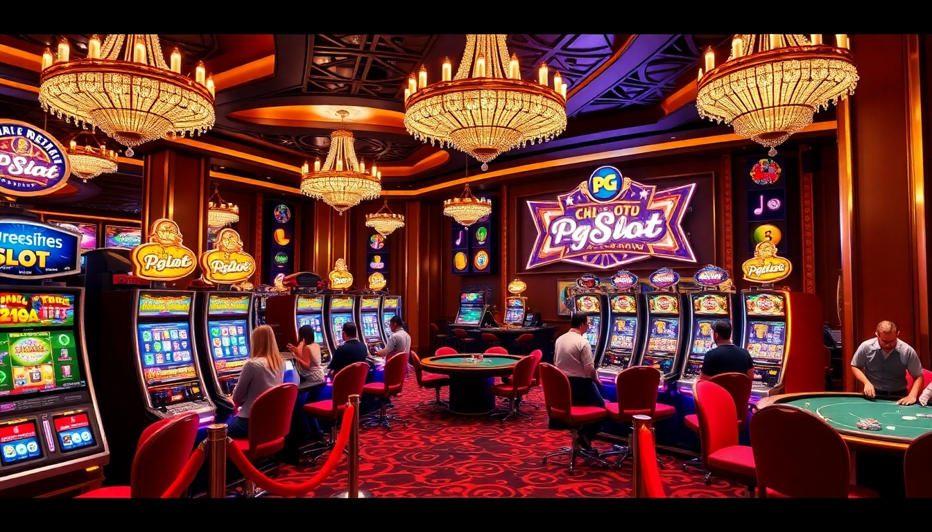 Exciting PG SLOT gameplay in a vibrant casino setting featuring slot machines and players.