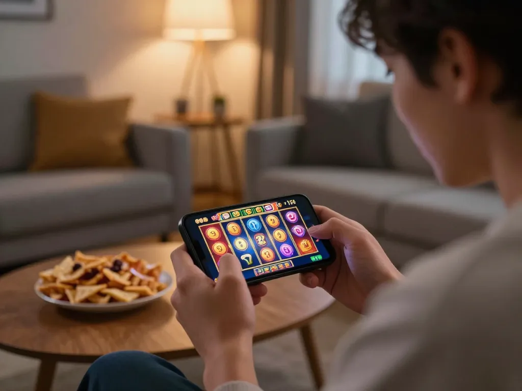 Engaging online gaming moment as jewanced players use smartphones to play slots, reflecting modern gaming excitement.