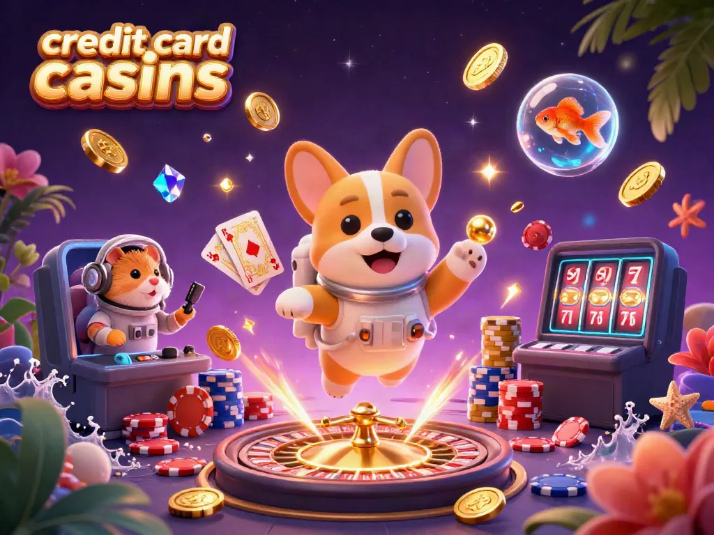 Experience credit card casinos with a dynamic 3D illustration of a floating astronaut corgi and casino elements.