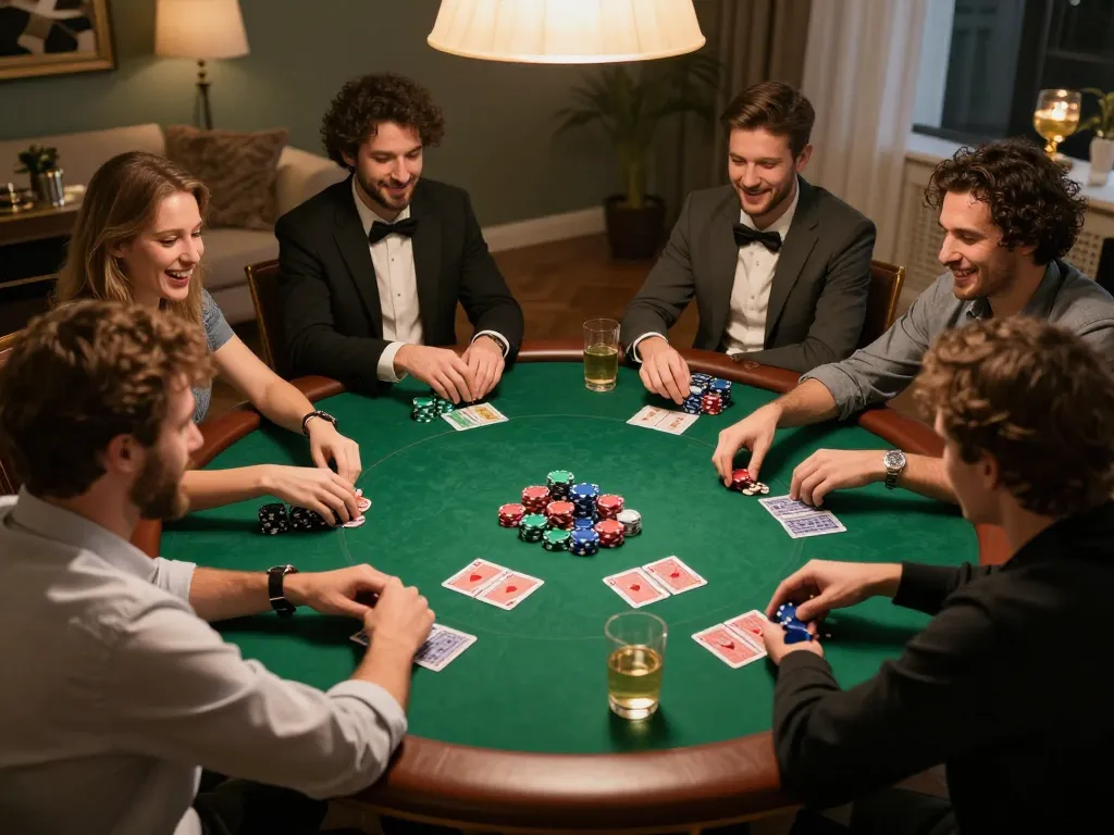 VT88 players engaged in a lively poker game, showcasing strategy and excitement in a cozy home environment.