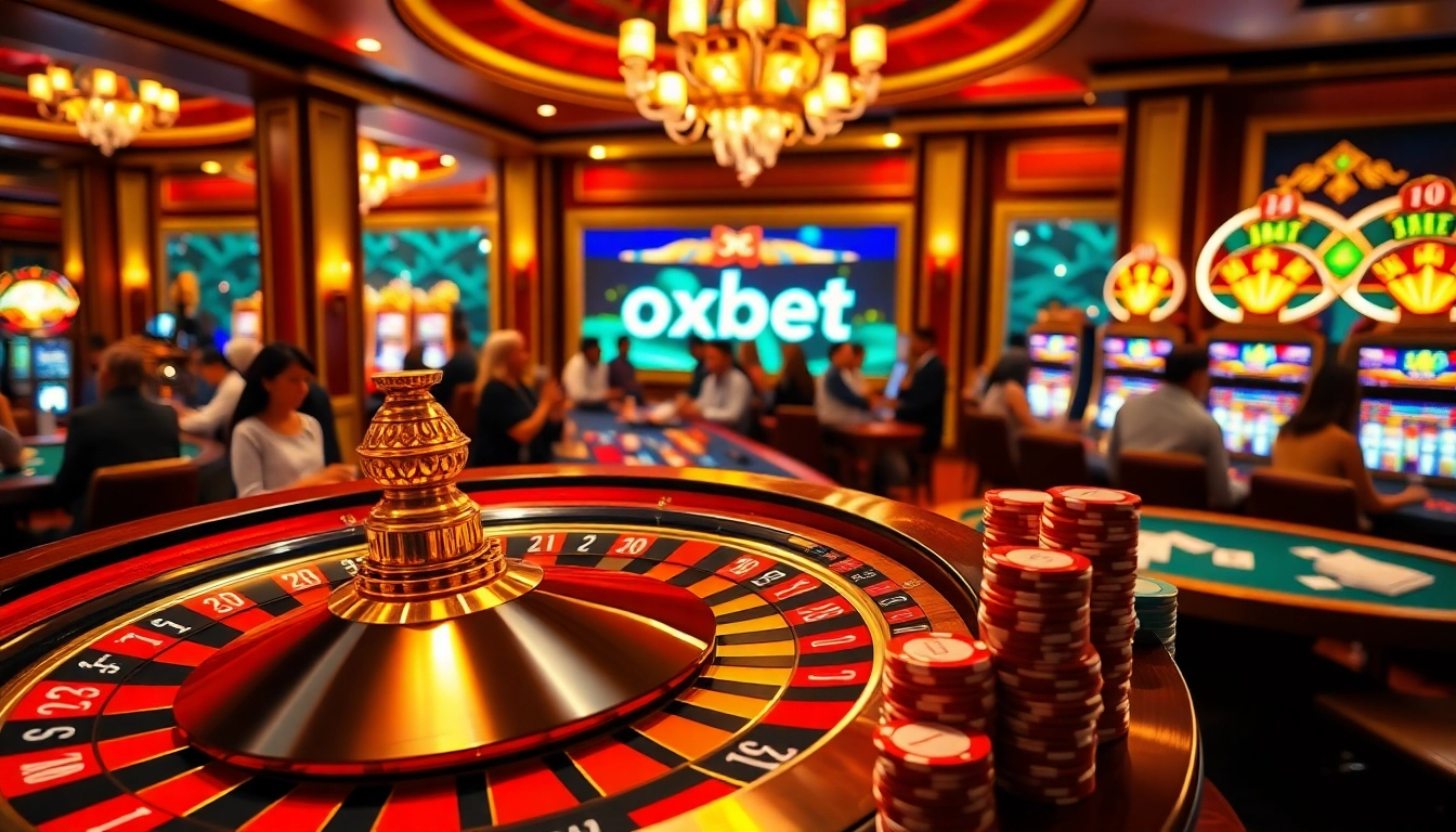 Experience the thrill of gaming at oxbet com with a luxurious casino environment featuring roulette and poker.