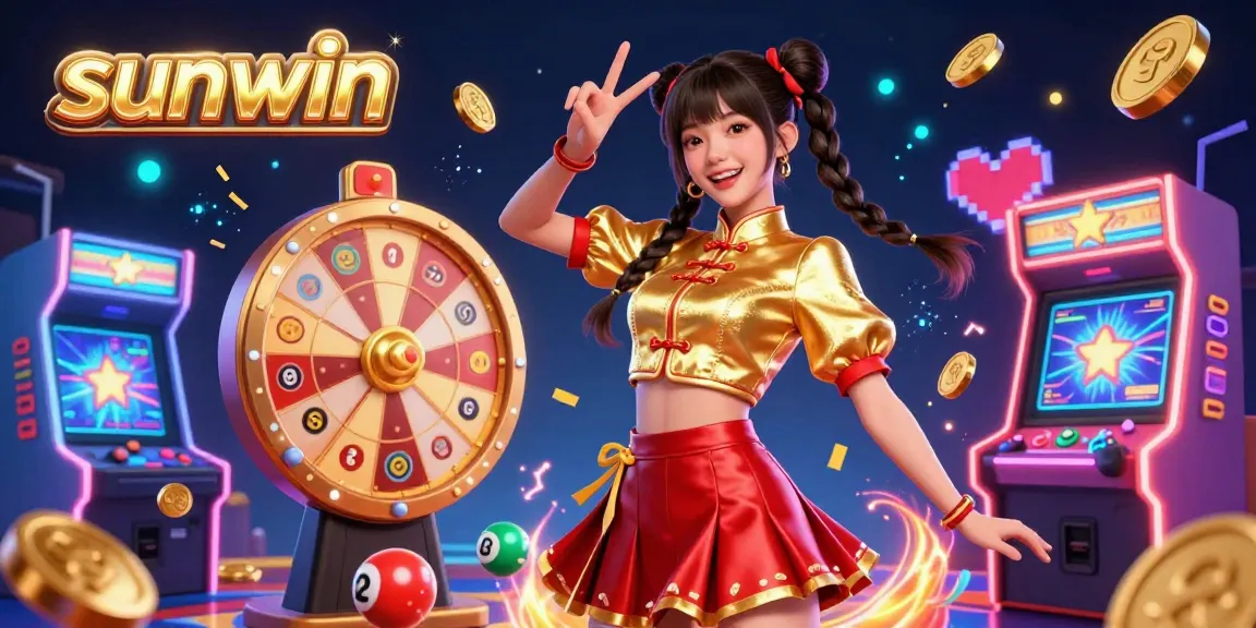 Engage with sunwin's exciting casino experience featuring vibrant game elements and a joyful character.