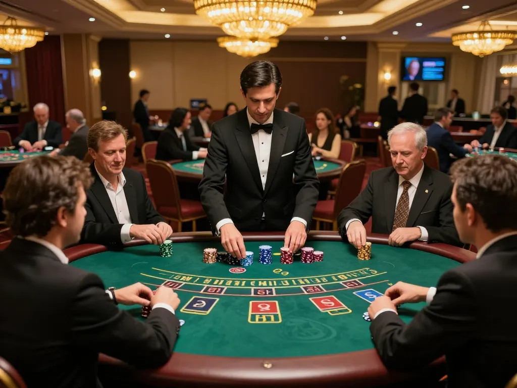 Betting on the strategic 789P blackjack table with focused players and expert dealer in a lively casino.