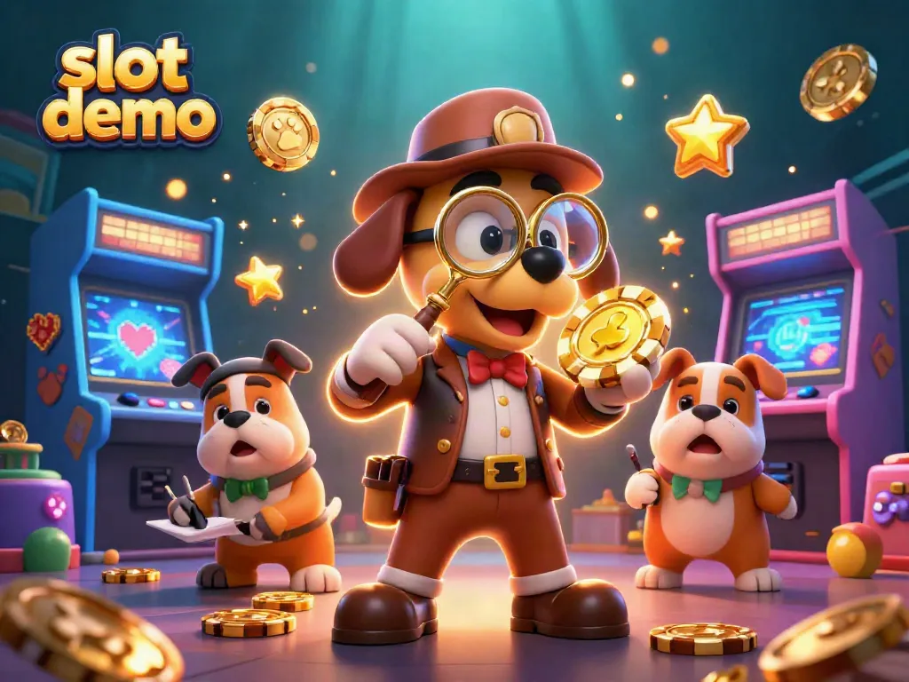 Putar slot demo dan temukan keberuntungan Anda di gambar penuh warna yang menampilkan detektif 3D yang meneliti.