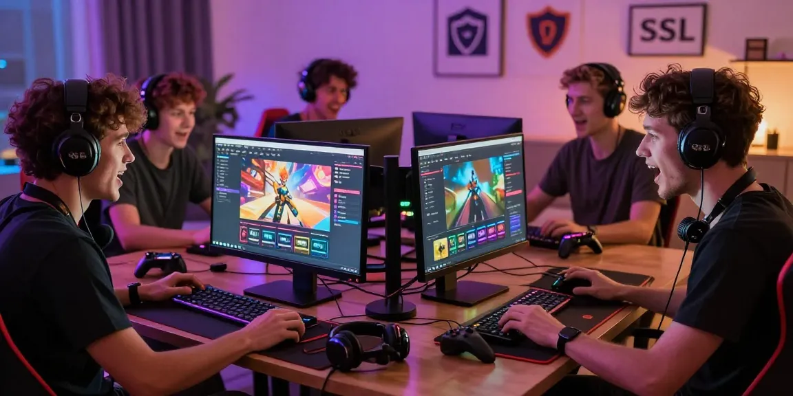 Exciting mahajitu online gaming session with players using laptops and desktops in a dynamic, secure digital environment.