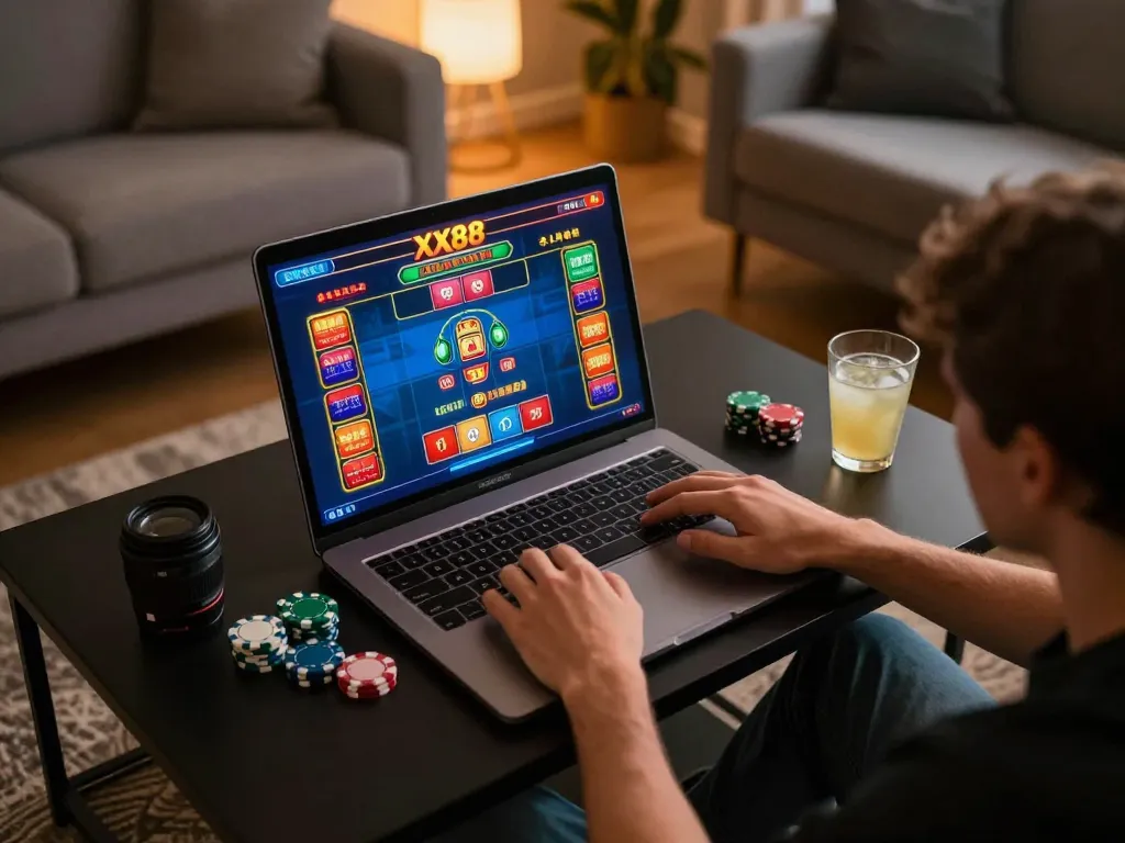 Player enjoying live dealer games on XX88 in a cozy home setting, showcasing excitement and strategy