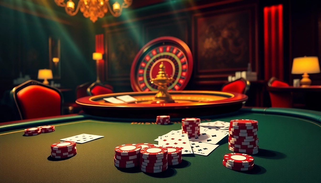 Engaging gamblers at a luxurious poker table with tx88 chips and vibrant casino decor.