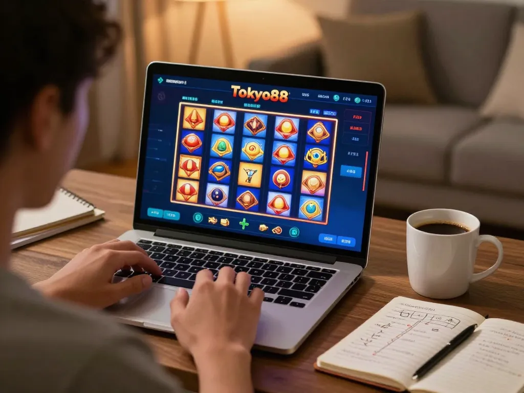 Pemain yang terlibat menjelajahi permainan slot tokyo88 di laptop dengan setup rumah yang nyaman.