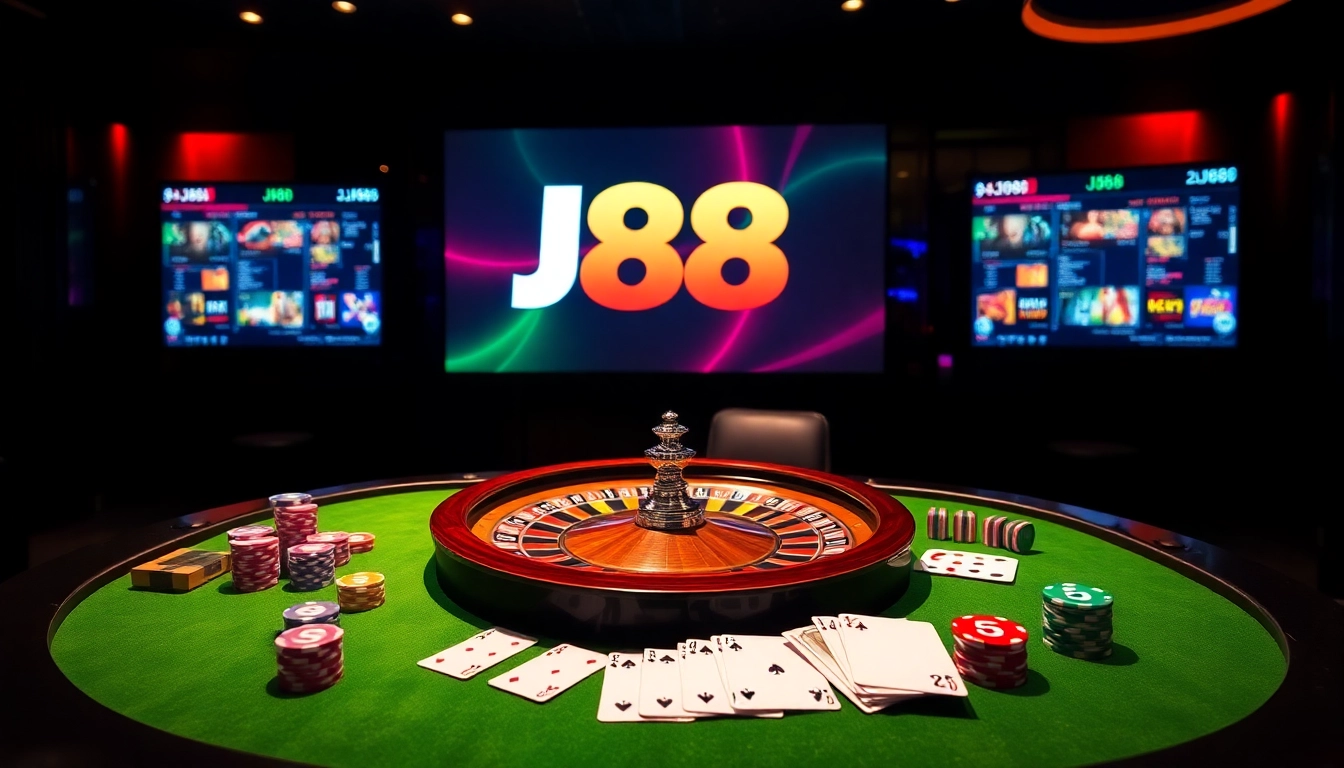 Engage with the thrilling J88 casino experience, featuring vibrant roulette wheels and poker chips.