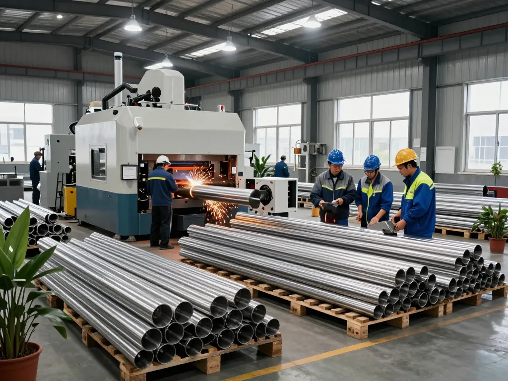 Workers inspecting sumwin stainless steel pipes in an industrial plant.