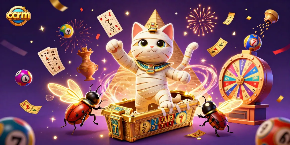 Engage with ccrm's vibrant casino adventure featuring a mummy cat and gaming elements.