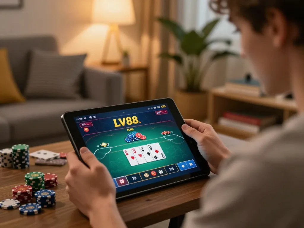 Player engaging in strategic gameplay on LV88 casino app in a cozy home setting.