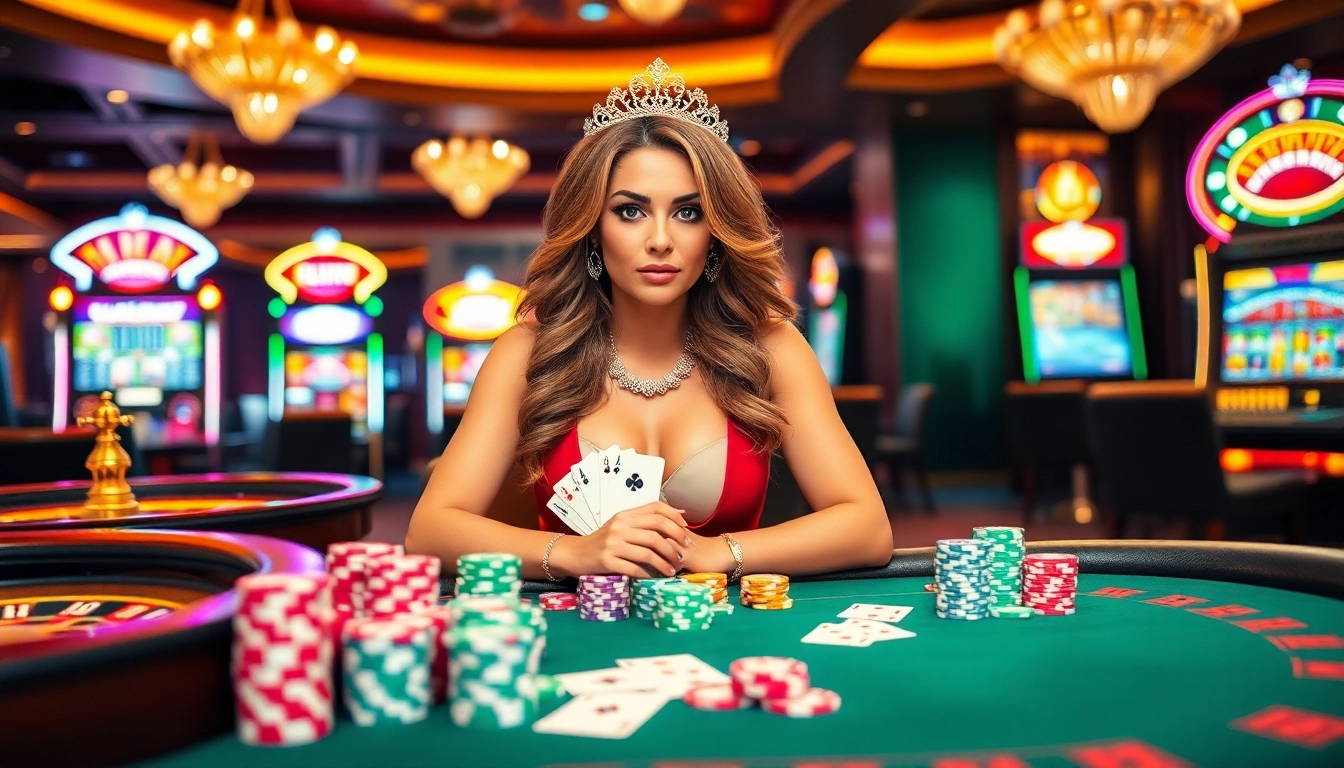 Game queen confidently strategizes at a poker table in a luxurious casino setting.