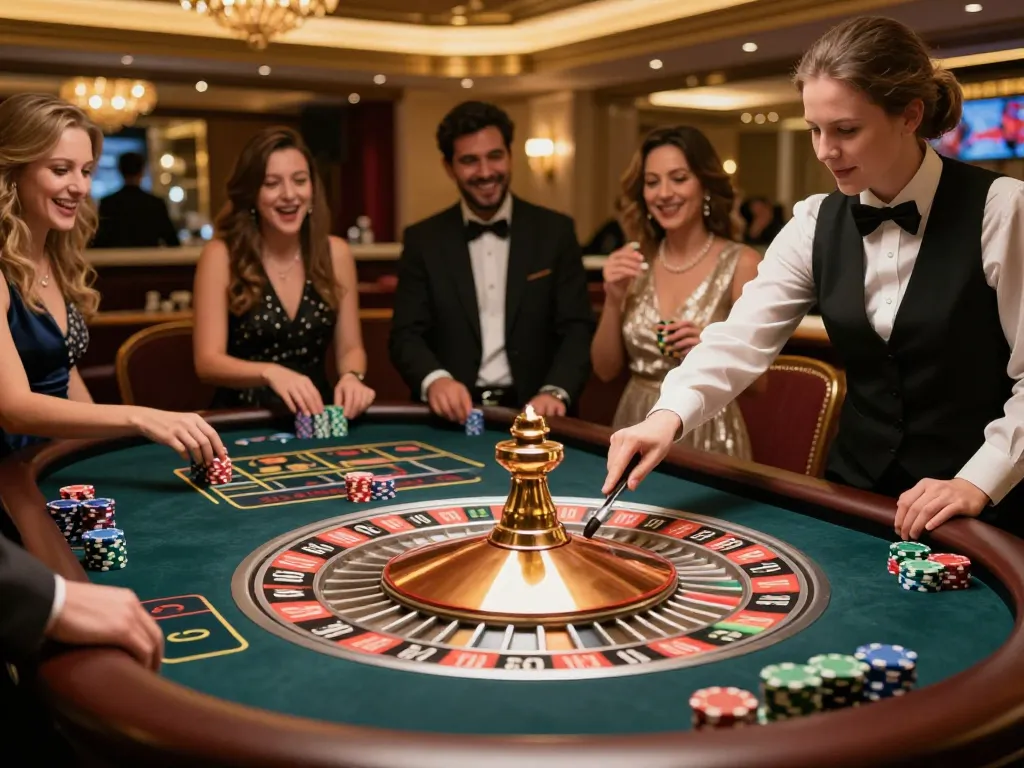 Players engaging at CM88's live roulette table, vibrant atmosphere with croupier spinning the wheel