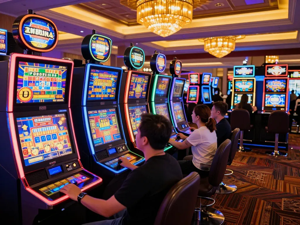 Experience the thrill of winning with Tempo 123 at the vibrant slot machine area filled with excitement.