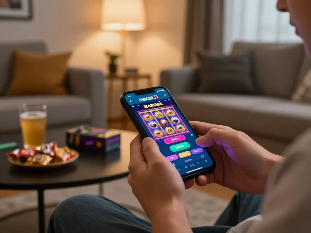 Play macan33 slots on a smartphone in a cozy home setting with snacks and drinks.