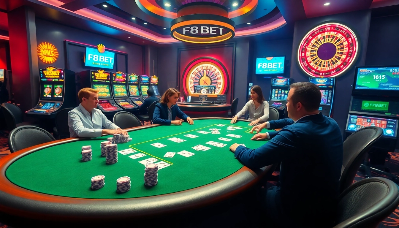 F8BET players enjoying an exciting poker game in a luxurious casino environment.