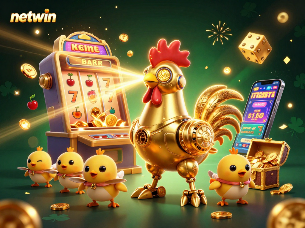 Experience the thrilling world of Netwin with a dynamic casino scene featuring a futuristic rooster robot.