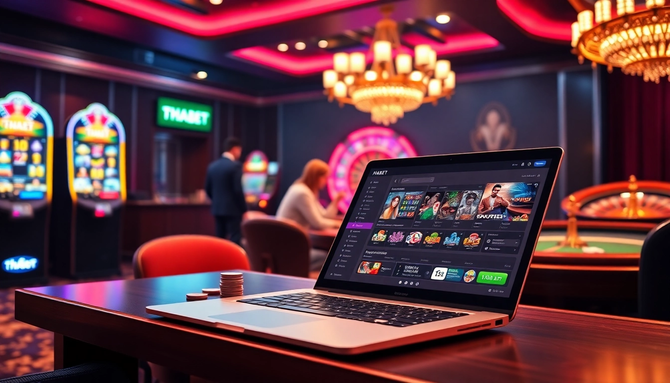 THABET online gambling interface with vibrant casino elements and engaging players.
