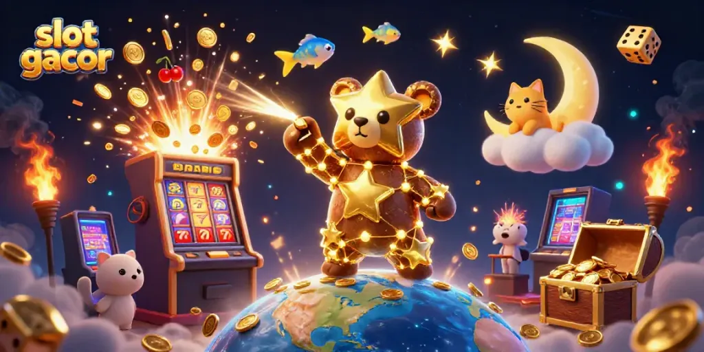 Experience thrill with slot gacor as constellation bear scoops coins amid vibrant casino elements.